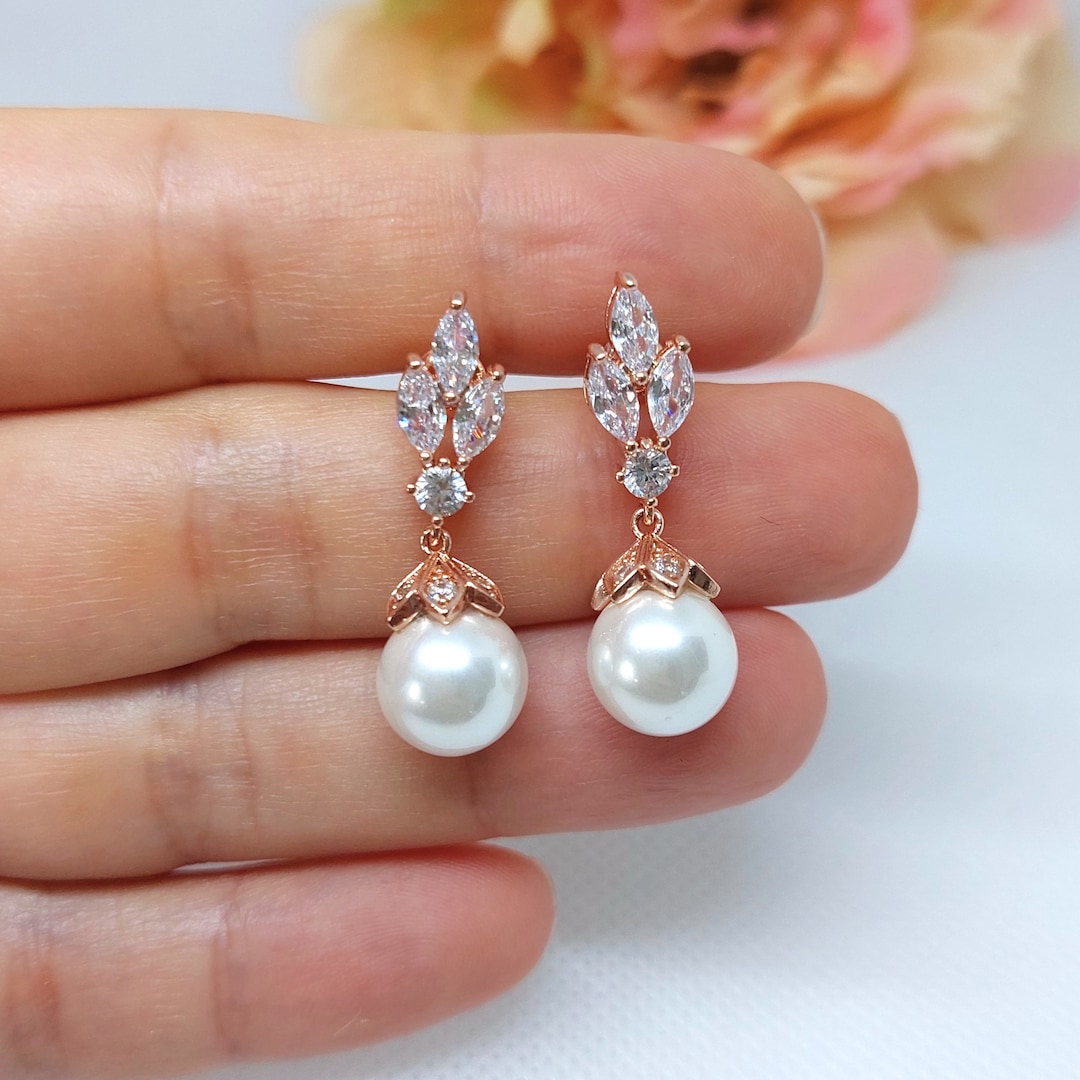 Rose Gold Pearl Earrings Wedding Earrings Rose Gold Bridal Pearl Drop — free download