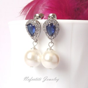 royal blue sapphire bridal earrings, pearl wedding earrings, saphire & pearl earrings, bridesmaid pearl drop earrings, blue wedding earrings