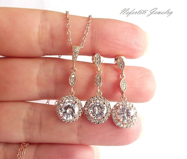 wedding jewelry set cubic zirconia necklace and earrings rose gold wedding jewelry rose gold bridal jewelry Rose gold bridesmaid jewelry