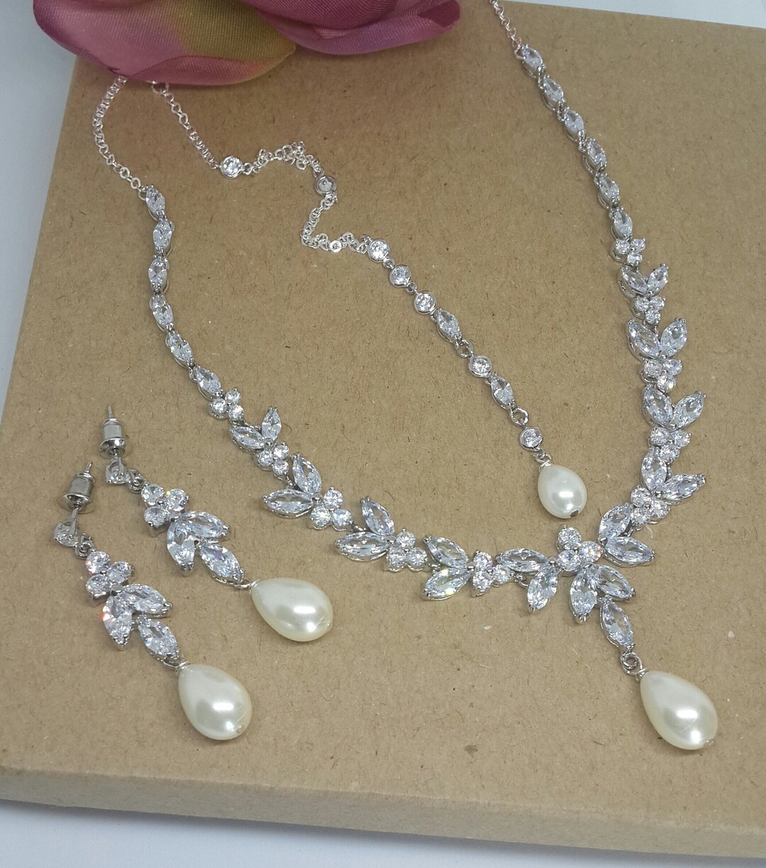 Delicate 925 Sterling Silver & Pearl Bridal Necklace Earrings Wedding Jewelry Sets