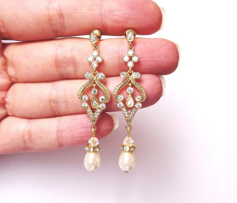 Pearl Crystal bridal earrings, gold chandelier earrings, wedding earrings, gold & pearl earrings, gold bridal vintage chandelier earrings image 10