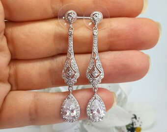 Drop Bridal Earrings Chandelier Silver Earrings Wedding Earrings Crystal Art Deco Earrings Bridal Jewelry Vintage Wedding Pearl Earrings