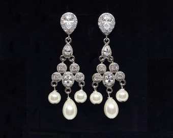 Crystal Pearl Chandelier Bridal Earrings, Vintage Wedding Pearl Drop Earrings, Silver Wedding Earrings for Bride Earings, Pearl Diamond