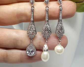 Pearl Drop Bridal Earrings Silver Wedding Earrings Pearl Crystal Earrings Art Deco Bridal Jewelry Vintage Chandelier Earrings & Necklace SET