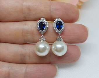 Sapphire bridal earrings, pearl wedding earrings, sapphire & pearl earrings, bride pearl drop earrings, wedding pearl and saphire earrings