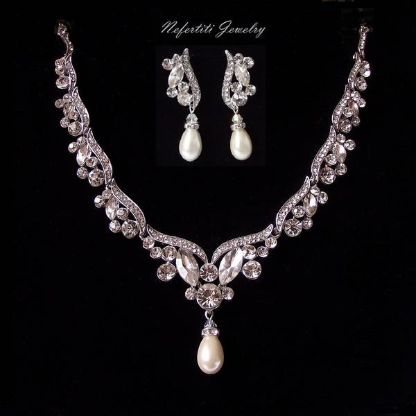 Pearl bridal necklace and earrings, pearl crystal wedding jewelry set, rhinestone & pearl wedding necklace set, silver bridal jewelry set