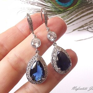 Sapphire blue bridal earrings, blue wedding earrings, saphire drop crystal earrings wedding earings, saphire bridal earrings, cz earrings