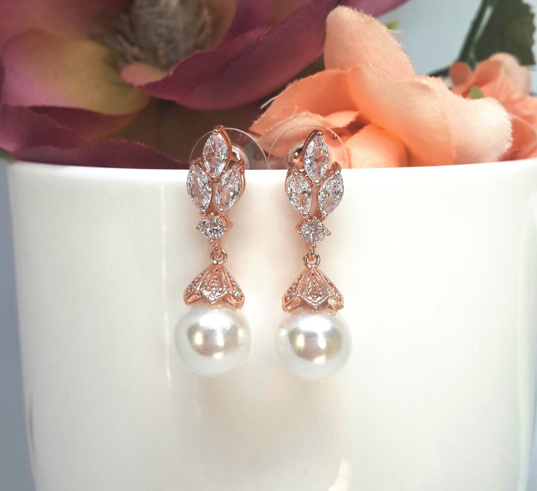 Rose Gold Pearl Earrings, Wedding Earrings, Rose Gold Bridal Pearl Drop — free download