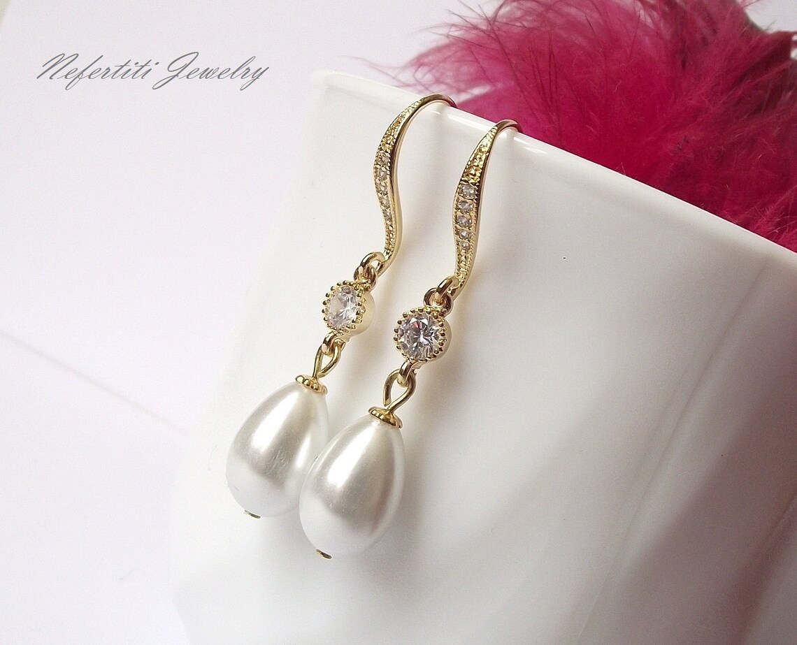 Gold pearl drop earrings wedding Clearance