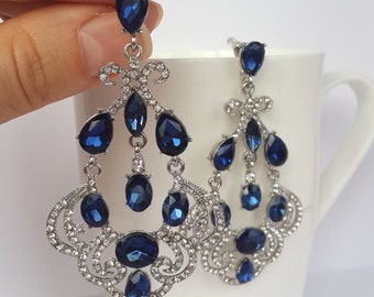 Sapphire blue chandelier earrings royal blue earrings silver & sapphire chandelier crystal earrings bridal earrings saphire earrings