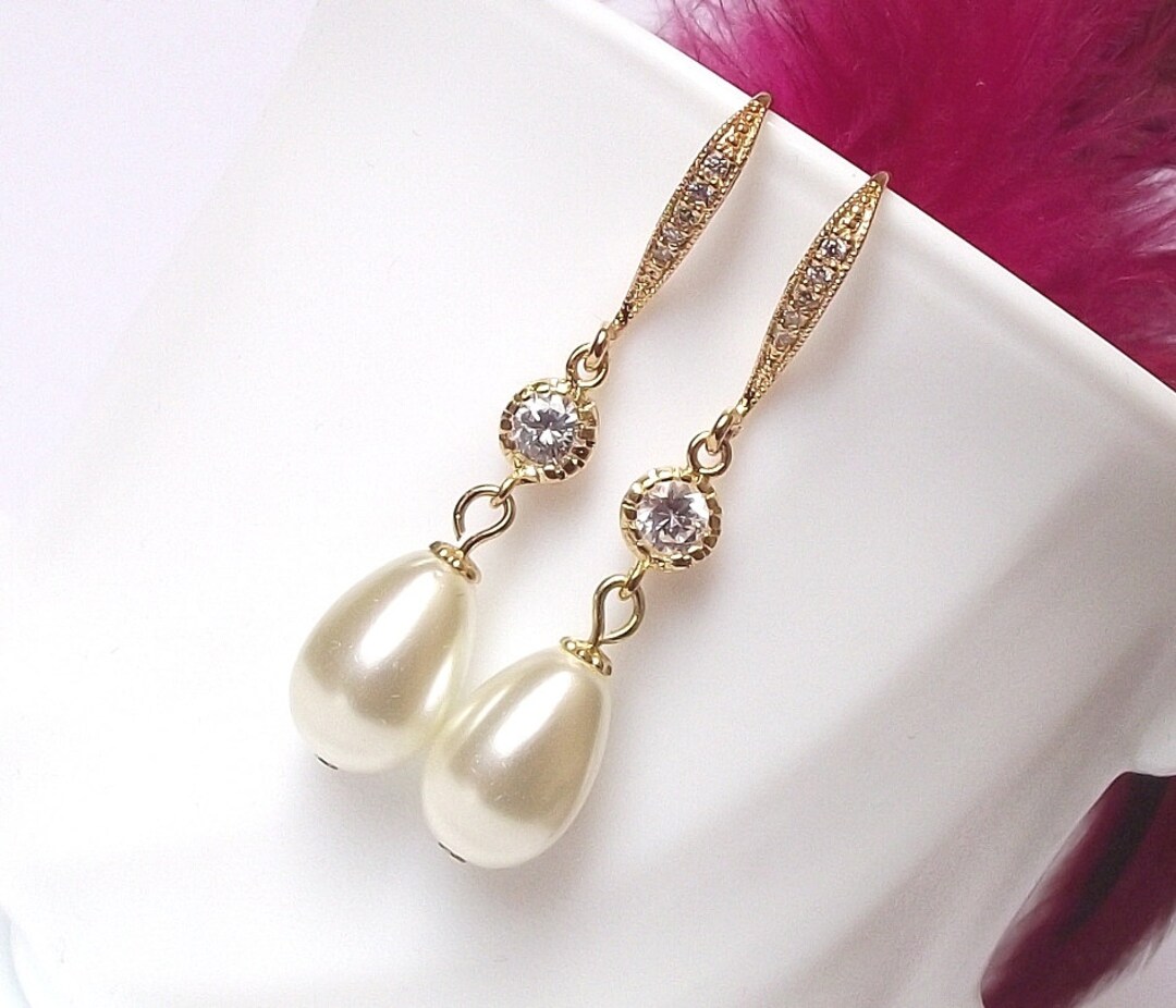 Gold Pearl Drop Earrings Wedding Earrings Gold Bridal Earrings Etsy
