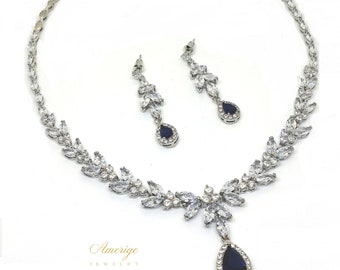 Sapphire necklace earrings set, blue bridal jewelry set, sapphire jewelry set, sapphire wedding jewelry, saphire bridal necklace, navy blue