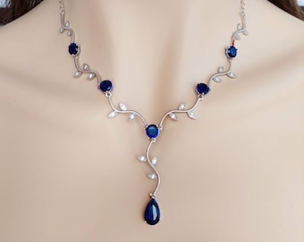 Navy blue sapphire jewelry, wedding jewelry set, blue bridal jewelry, sapphire necklace & earrings, sapphire jewelry, bridal necklace set