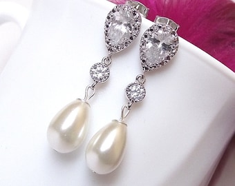 Bridal earrings, pearl drop wedding earrings, pearl & crystal earrings, bridesmaid earrings, silver pearl earrings, wedding jewelry