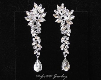 Chandelier Crystal Drop Bridal Earrings Silver Chandelier Wedding Earrings Statement Diamond Earrings Long Formal Rhinestone Earrings