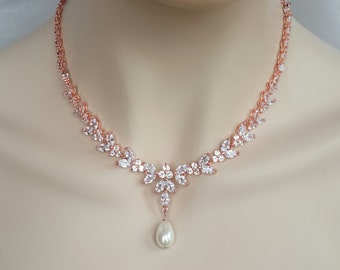 Bridal necklace, rose gold pearl necklace, wedding jewelry set, rose gold bridal necklace & earrings set, pearl rose gold bridal jewelry