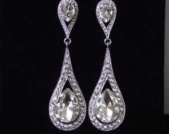 Bridal earrings, crystal wedding earrings, teardrop bridal earings, long crystal earrings, vintage bridal jewelry, silver chandelier earring