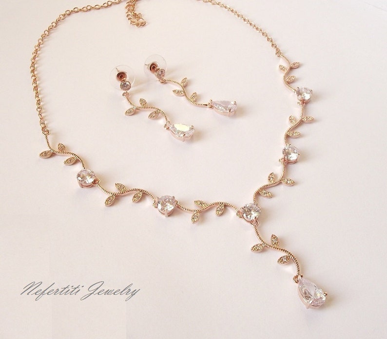 rose gold bridal jewelry set rose gold wedding jewelry set rose gold necklace vine bridal necklace rose gold set wedding necklace & earrings image 1