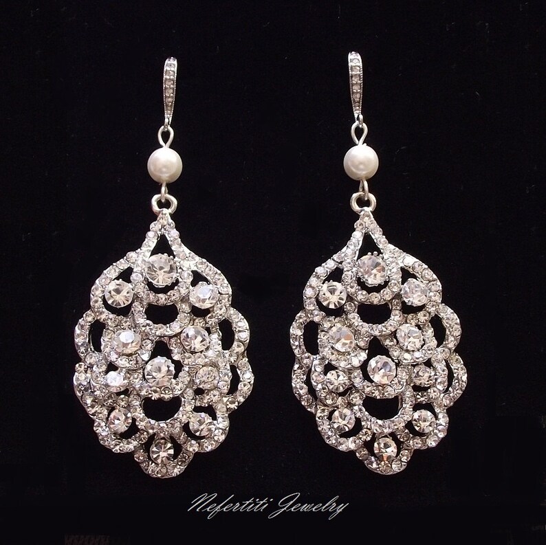 pearl chandelier earrings bridal jewelry rhinestone earring Chandelier wedding earrings silver bridal earrings crystal /& pearl earrings