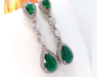 Long Emerald Earrings, Drop Bridal Earrings, Emerald Green Wedding Earrings, Emerald Cubic Zirconia Jewelry, Green Bridal Crystal Earrings