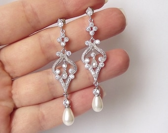 Silver bridal earrings, pearl wedding earrings, pearl chandelier earrings, vintage wedding pearl earrings, bridal pearl drop earrings dangle