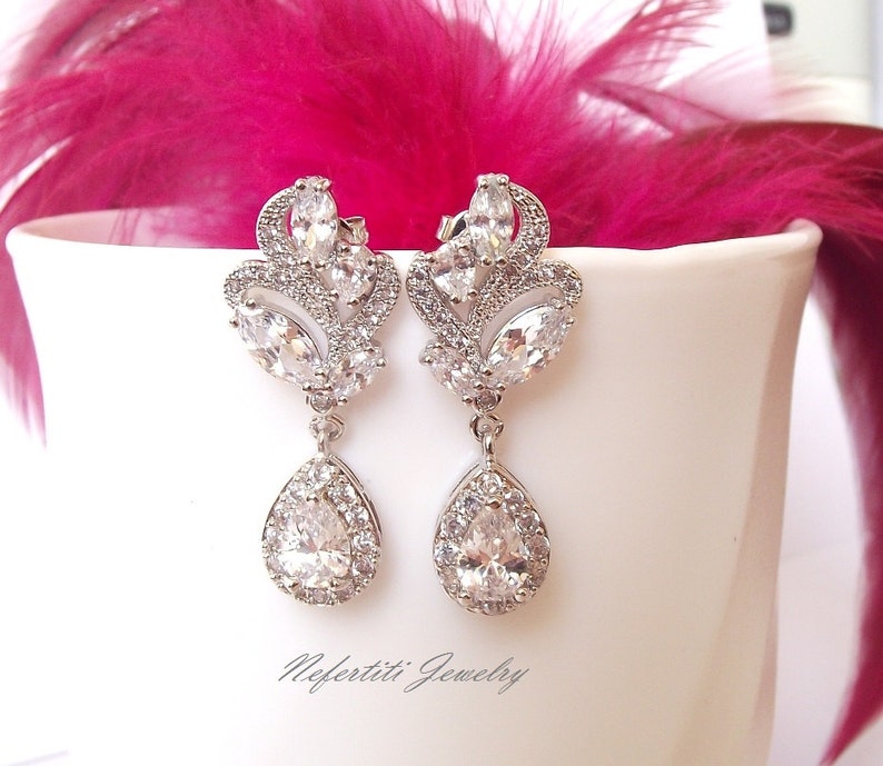 Bridal Earrings Silver Crystal Drop Earrings Wedding Etsy