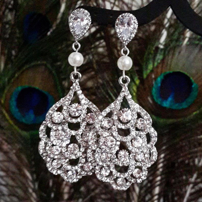 pearl chandelier earrings bridal jewelry rhinestone earring Chandelier wedding earrings silver bridal earrings crystal /& pearl earrings