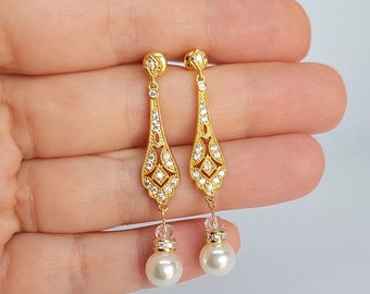 Vintage Art Deco Pearl Earrings Gold Bridal Earrings Pearl Drop Wedding Earrings Gold Earrings Pearl Bridal Chandelier Earrings Victorian