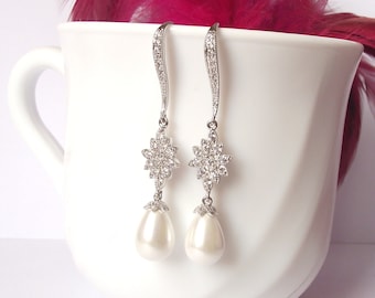 Pearl and zirconia earrings, silver wedding earrings, pearl bridal earrings, silver pearl earrings, wedding jewelry, pearl drop earrings