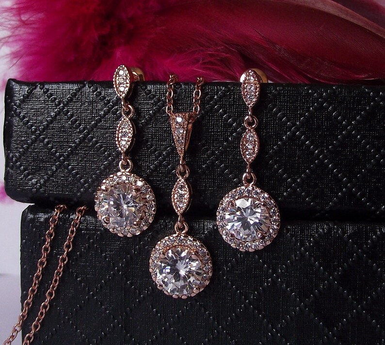 wedding jewelry set cubic zirconia necklace and earrings rose gold wedding jewelry rose gold bridal jewelry Rose gold bridesmaid jewelry