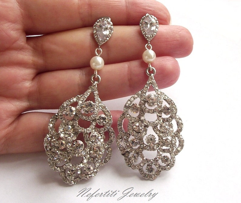 pearl chandelier earrings bridal jewelry rhinestone earring Chandelier wedding earrings silver bridal earrings crystal /& pearl earrings