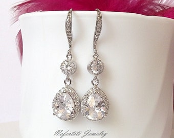 Crystal bridal earrings, drop wedding earrings, teardrop cubic zirconia earings, bridesmaid earrings, dangle crystal drop earrings for bride