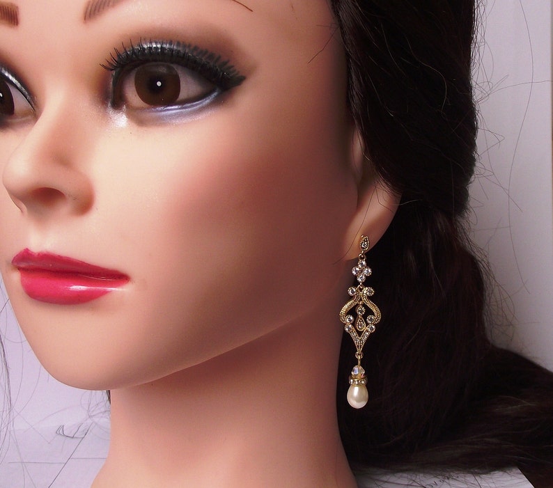 Pearl Crystal bridal earrings, gold chandelier earrings, wedding earrings, gold & pearl earrings, gold bridal vintage chandelier earrings image 8