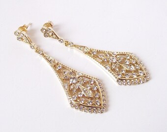 Gold bridal earrings, gold chandelier wedding earrings, vintage art deco bridal chandelier earrings, gold earrings, wedding earrings dangle