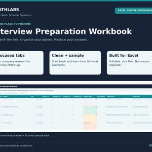 Peut inclure: Un classeur numérique bleu foncé pour la préparation aux entretiens intitulé Interview Preparation Workbook par Roathlabs. Il comprend neuf onglets, des exemples de données et est conçu pour Excel avec une feuille de calcul de pratique.
