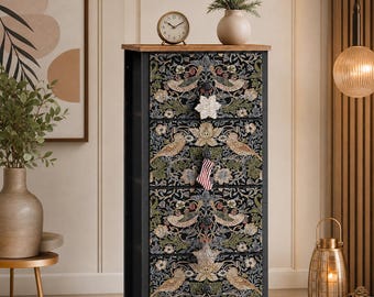 Vintage Strawberry Thief Fabric Dresser | Tall Narrow Vintage Nightstand Closet Organizer (3/5 Drawers)