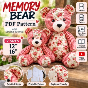 May include: Two stuffed bears made from red and white gingham and floral fabric. Text reads: MEMORY BEAR PDF Pattern and Sewing Tutorial, 2 SIZES 12" 16". Includes icons for A4, US Letter, A0 patterns, instructions, and video tutorial.