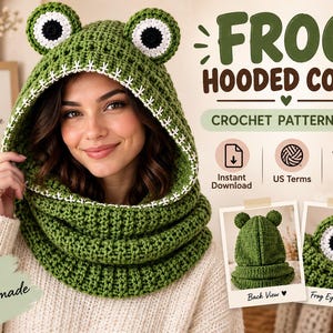 May include: A green crochet frog hooded cowl with two round eyes on top, featuring white and black details. The text reads Frog Hooded Cowl Crochet Pattern PDF, Instant Download, US Terms, Make Your Own Froggy Look, Back View, and Frog Eye Detail.