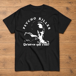Camiseta gráfica de American Psycho con Patrick Bateman y Talking Heads, camiseta de película de terror de culto.