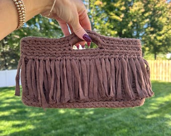 Handmade Brown Crochet Clutch Bag | 100% Cotton Fringe Purse (Top Handle)