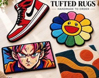 May include: Four tufted rugs featuring a red and white sneaker, a multi-coloured flower with a smiling face, an anime character with spiky hair, and an abstract orange, black, and cream pattern. Text reads CUSTOM TUFTED RUGS HANDMADE TO ORDER.