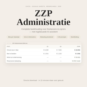 Puede incluir: Una plantilla de hoja de cálculo digital para 2026 titulada ZZP Administratie, con columnas para T1, T2 y totales anuales. Incluye secciones para ingresos, IVA, beneficios y reservas de impuestos, con etiquetas de asistencia por IA.