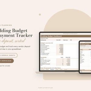 Op de afbeelding: Een digitaal spreadsheet voor het bijhouden van bruiloftsbudgetten en betalingen, weergegeven op een laptop- en tabletscherm. De interface bevat tabellen voor budgetoverzichten en betalingsoverzichten met de tekst Wedding Budget Dashboard.
