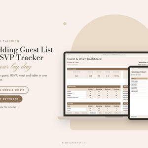 Puede incluir: Una hoja de cálculo digital para la lista de invitados y seguimiento de RSVP de bodas, mostrada en una pantalla de portátil y tableta. La interfaz presenta tonos beige y marrones con tablas para recuento, comidas y plan de mesas.