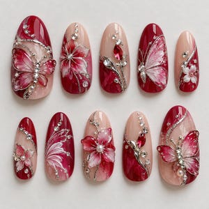 Ruby Red Butterfly Press On Nails | 3D Floral Nails | Silver Crystal Nails | Fantasy Glam Nails | Elegant Red Statement Nails