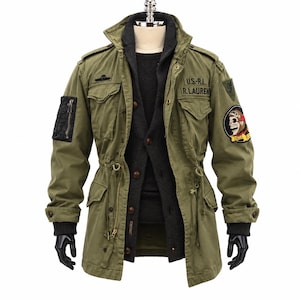 Men's Olive Green Military Field Jacket, Tactical Utility Coat, Embroidered Patch Jacket, Army Style Parka, Casual Outdoor Outerwear