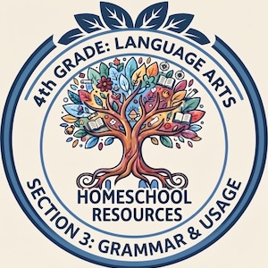 May include: A circular emblem featuring a central tree with colourful leaves, open books, and scrolls. The text reads 4th GRADE: LANGUAGE ARTS, HOMESCHOOL RESOURCES, and SECTION 3: GRAMMAR & USAGE. The design is framed by a dark blue border with leaf motifs.