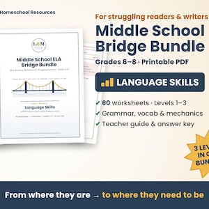 Puede incluir: Un conjunto de hojas de trabajo Middle School ELA Bridge Bundle en PDF imprimible con 60 ejercicios para los grados 6-8. La portada muestra un gráfico de un puente, el texto Language Skills, una guía para el docente y respuestas.