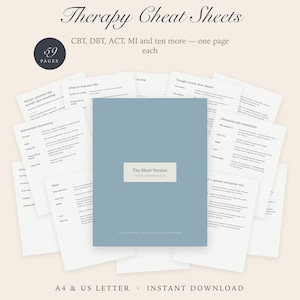 Op de afbeelding: Een verzameling van 59 therapie-spiekbriefjes met onderwerpen als CGT, DGT, ACT en MI. De centrale blauwe omslag toont de tekst The Short Version. De omliggende witte pagina's bevatten gestructureerde klinische informatie.