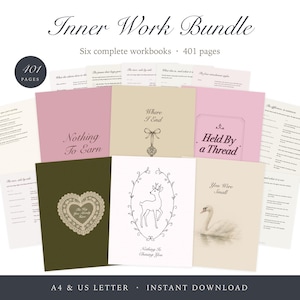 Op de afbeelding: Inner Work Bundle met zes complete werkboeken met in totaal 401 pagina's. De collectie bevat diverse covers met titels zoals Nothing To Earn, Where I End, Held By a Thread en You Were Small, voorzien van illustraties van een hert en een zwaan.